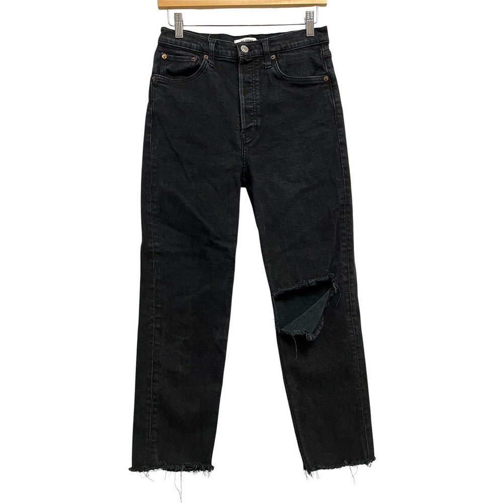 RE/DONE Straight Leg Jeans Womens 29 Black Heavy Distressed Raw Hem Knee Rip